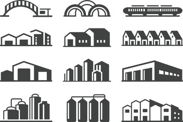 Obraz premium Black industrial icons including bridge, tunnel, train, warehouses, urban buildings, factories, silos, storage units, modern infrastructure, cityscape silhouettes.