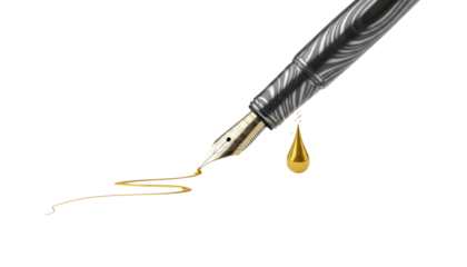 Luxurious fountain pen with an ornate gold nib and patterned barrel writes an elegant signature with liquid gold ink, with a single golden drop falling from the tip