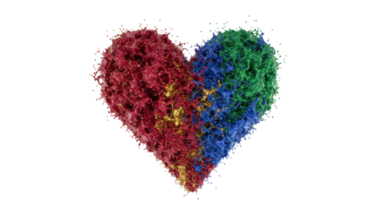 Colorful heart-shaped liquid paint splash made of vibrant red, blue, green, and gold explodes with dynamic motion and intricate, glossy droplets in a beautiful abstract form