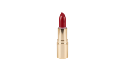 Single open tube of classic red lipstick with a satin finish stands in a luxurious gold case, showcasing a vibrant and elegant cosmetic product for beauty and makeup
