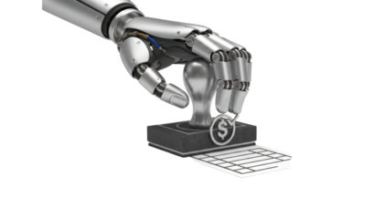 Metallic robotic hand holding a stamp with a dollar sign is about to approve a financial document, symbolizing automated payment and digital banking technology