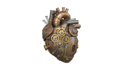 Detailed steampunk mechanical heart with visible gears, pipes, and springs is crafted from aged copper, brass, and steel in a complex industrial and retro-futuristic design