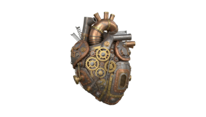 Detailed steampunk mechanical heart with visible gears, pipes, and springs is crafted from aged copper, brass, and steel in a complex industrial and retro-futuristic design