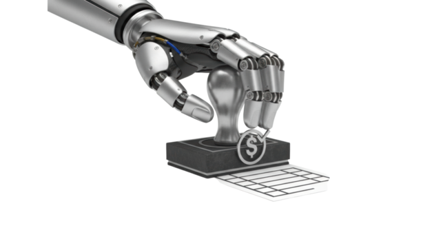 Metallic robotic hand holding a stamp with a dollar sign is about to approve a financial document, symbolizing automated payment and digital banking technology - Powered by Adobe