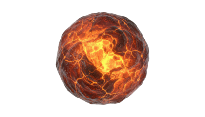 Fiery molten planet core with a cracked surface glowing with intense yellow and orange light from its hot magma center, representing a cosmic catastrophe or celestial birth
