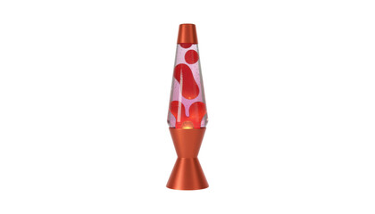 Retro orange lava lamp with red wax blobs floating hypnotically in pink liquid, creating a groovy, nostalgic, and relaxing ambiance with its warm, glowing light