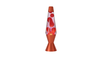 Retro orange lava lamp with red wax blobs floating hypnotically in pink liquid, creating a groovy, nostalgic, and relaxing ambiance with its warm, glowing light