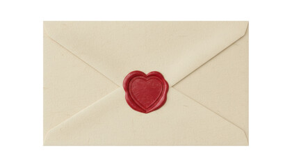 Vintage cream-colored textured paper envelope is sealed with a shiny red wax stamp featuring a romantic heart shape, representing a classic love letter or secret correspondence