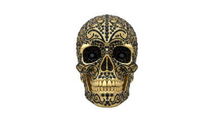 Luxurious golden skull with intricate black crystal ornamentation and floral patterns is presented in a symmetrical front view, showcasing its opulent and macabre artistic design