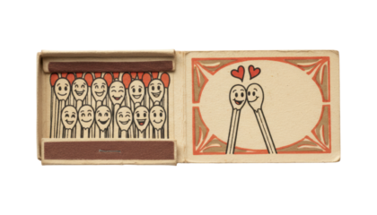 Vintage open cardboard matchbox with illustrations of smiling cartoon matchsticks, including a couple in love with red hearts, showcasing a charming retro and nostalgic design