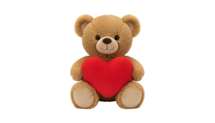 Cute brown fluffy teddy bear holding a big red heart is a sweet romantic gift for Valentine's Day, sitting with a gentle smile to express love and affection
