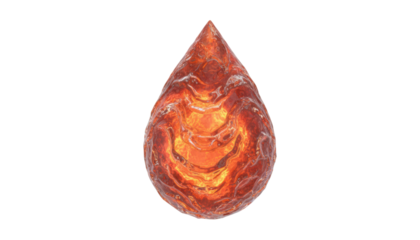 Glowing teardrop-shaped drop of molten lava with a fiery orange core and a textured, glossy, cooling surface showing intense heat and primordial energy