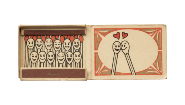 Vintage open cardboard matchbox with illustrations of smiling cartoon matchsticks, including a couple in love with red hearts, showcasing a charming retro and nostalgic design - Powered by Adobe