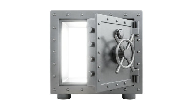 Heavy metal bank vault safe with its thick door open, revealing a mysterious bright glowing light from within, featuring a large round handle and combination lock mechanism