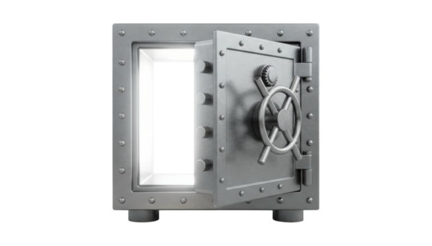 Heavy metal bank vault safe with its thick door open, revealing a mysterious bright glowing light from within, featuring a large round handle and combination lock mechanism - Powered by Adobe