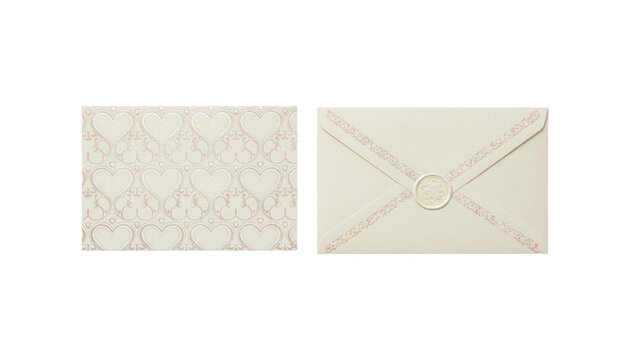 Elegant cream stationery set with an envelope secured by a wax seal and a matching card featuring a romantic rose gold heart pattern for a special occasion announcement - Powered by Adobe
