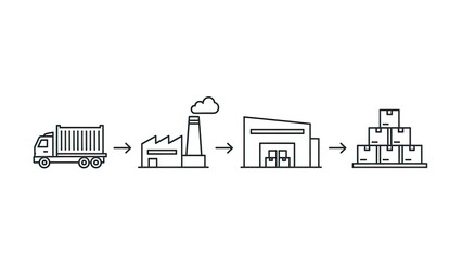 Obraz premium Logistics Flowchart: Truck, Factory, Warehouse, and Stacked Boxes