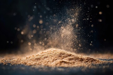 Golden particles falling, shimmering pile, dark background, ethereal light