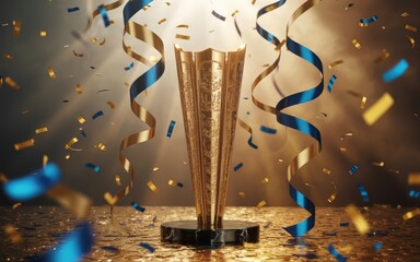 Golden trophy cup with confetti and ribbons on shiny surface with spotlight
