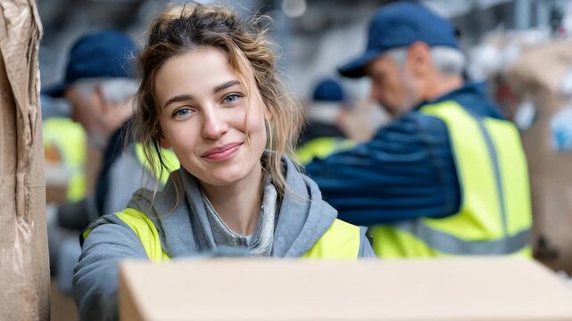Cheerful young worker in protective vest and gloves smiles while sorting materials in a busy recycling facility during daylight hours