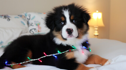The puppy is depicted nestled among the shining festive lights, softly illuminating its muzzle