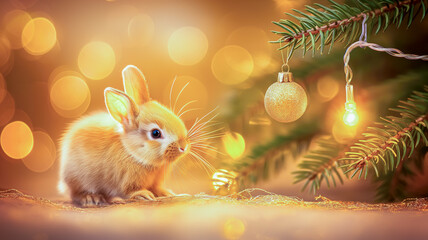 little rabbit sitting near the lights of a decorated Christmas tree