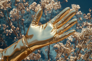 woman 's hand with a gold- colored glove against the background of blooming trees and blue sky