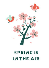 Spring Is in the Air Cherry Blossom Tree with Birds Illustration