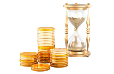 Gold coins with hourglass. 3D rendering