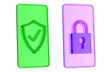 Mobile security icons, smartphone with shield check and padlock. 3D rendering