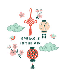 Chinese Spring Blossom Festival Illustration with Lanterns and Flowers Flat Vector Design