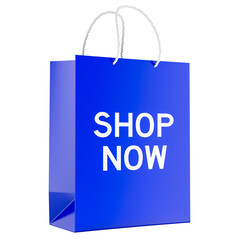 Shop Now, blue shopping bag. 3D rendering