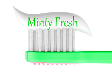Toothbrush with mint toothpaste, minty fresh oral hygiene concept. 3D rendering