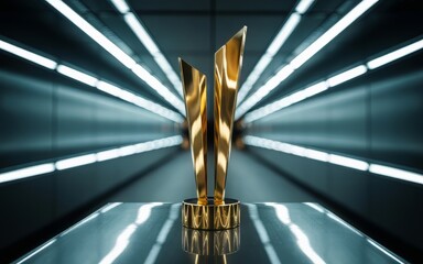 Golden trophy sculpture with bright lights reflecting on shiny surface in dark room