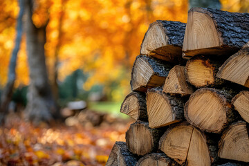 pile of firewood in autumn forest background