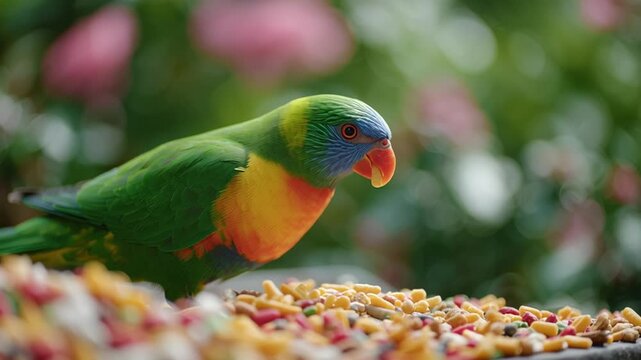 Colorful parrot enjoys seeds in vibrant garden setting filled with flowers