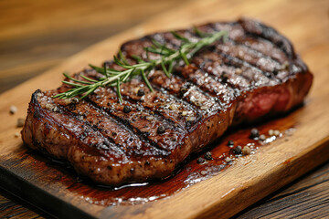 grilled beef steak garnished with rosemary on a wooden cutting board
