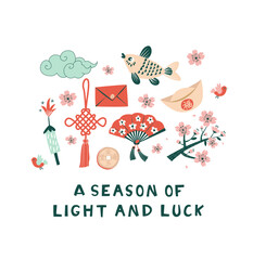 Chinese Spring Blossom Festival Illustration with Lanterns and Flowers Flat Vector Design