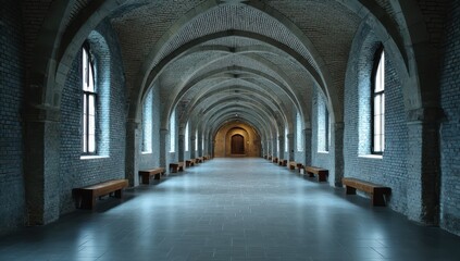 Obraz premium Symmetrical Grand Gothic Stone Hallway with Arched Windows and Reflective Floor.
