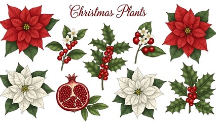 Beautiful christmas plants collection with poinsettia and holly