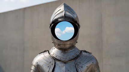 A surreal image of a knight in medieval armor, with a clear blue sky with white clouds visible in his helmet instead of a face