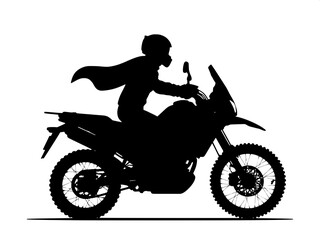 Fototapeta premium “Simple vector silhouette of an adventure motorcycle and rider, side view, dynamic motion, high contrast monochrome.”