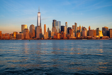 Lower Manhattan from New Jersey just before sunset in late December cold day