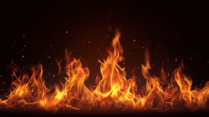 Bright orange and yellow flames rise and flicker against a dark background. Sparks and embers are visible as the fire moves upward showing a display of heat and energy in the scene.