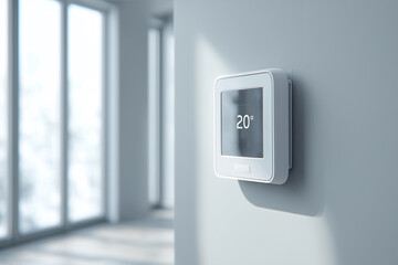 A white thermostat with a temperature of 20 degrees
