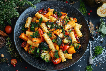a large plate of pasta and vegetable stew on the kitchen table