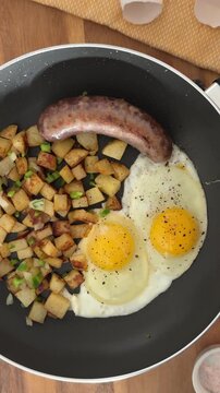 Cooking Fried Eggs in a Pan with Sausages and Fried Hash Brown Potatoes