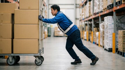 Asian man worker in blue uniform pushing heavy trolley cart with cardboard boxes in logistics warehouse. Supply chain management and distribution industry banner with copy space