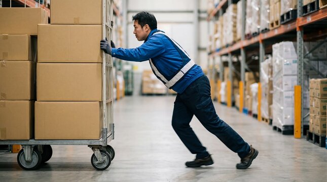 Asian man worker in blue uniform pushing heavy trolley cart with cardboard boxes in logistics warehouse. Supply chain management and distribution industry banner with copy space