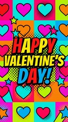 Happy Valentine's Day pop comic art style dynamic vibrant vertical background